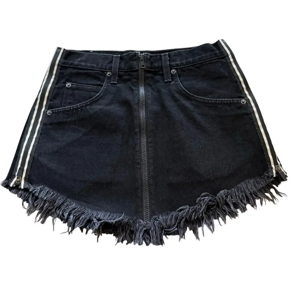 Carmar Black Denim Mini Skirt Distress Goth Preppy Women Y2k‎ Streetwear Skirt